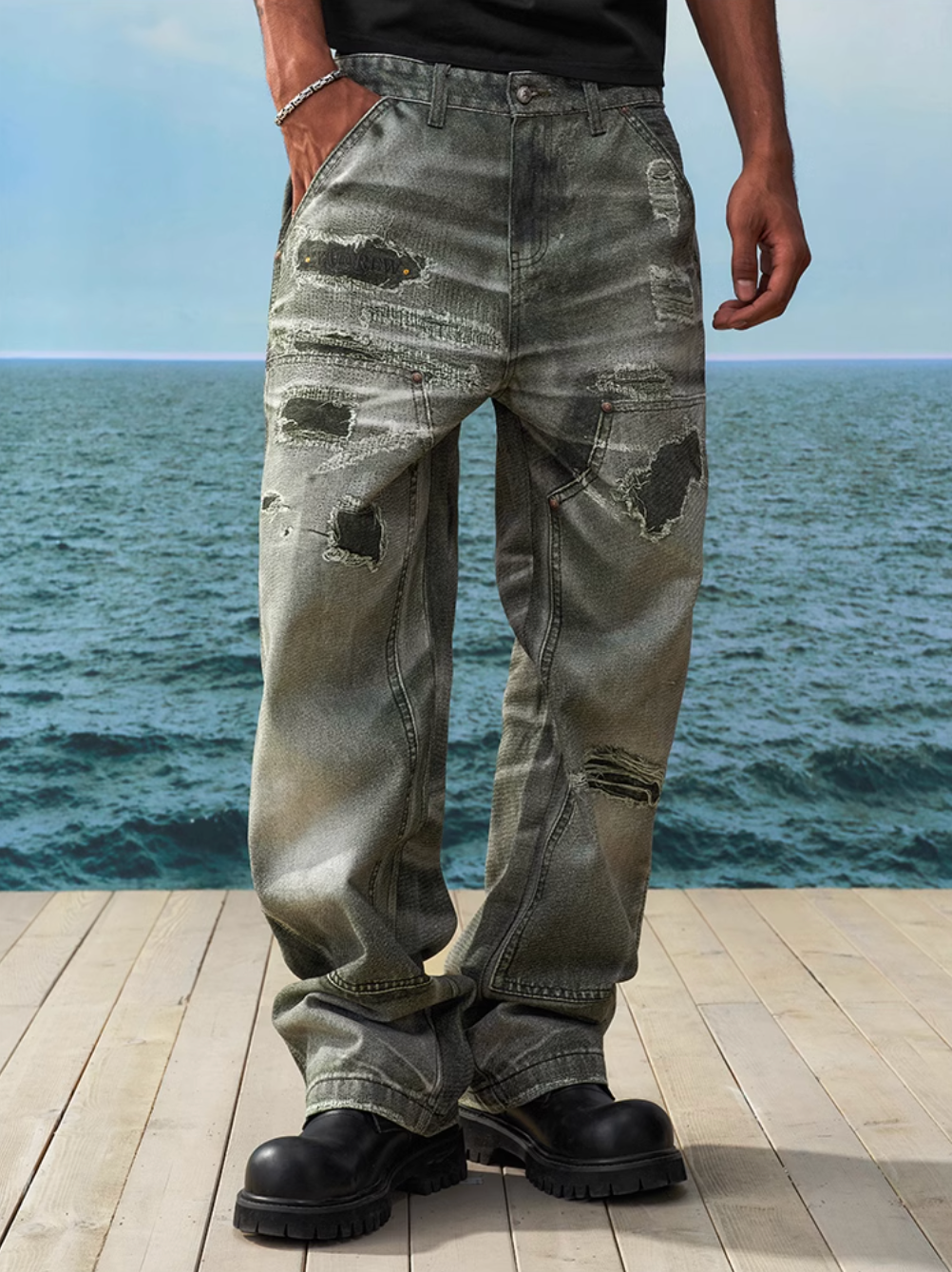 YADcrew Needle Stitch Hole Double Knee Print Jeans | Face 3 Face