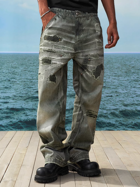 YADcrew Needle Stitch Hole Double Knee Print Jeans | Face 3 Face