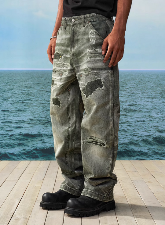 YADcrew Needle Stitch Hole Double Knee Print Jeans | Face 3 Face