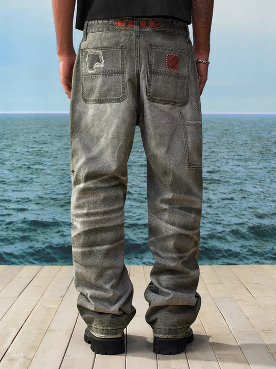 YADcrew Needle Stitch Hole Double Knee Print Jeans | Face 3 Face