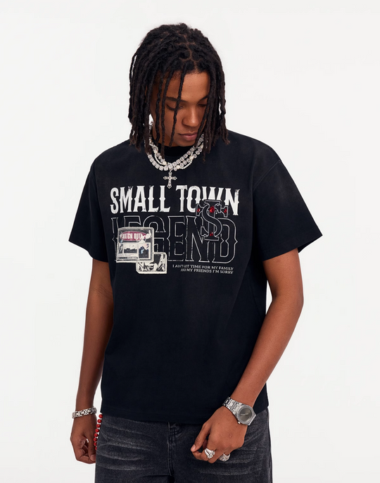 Small Town Kid Washed Imitation Ruby Patch Tee | Face 3 Face