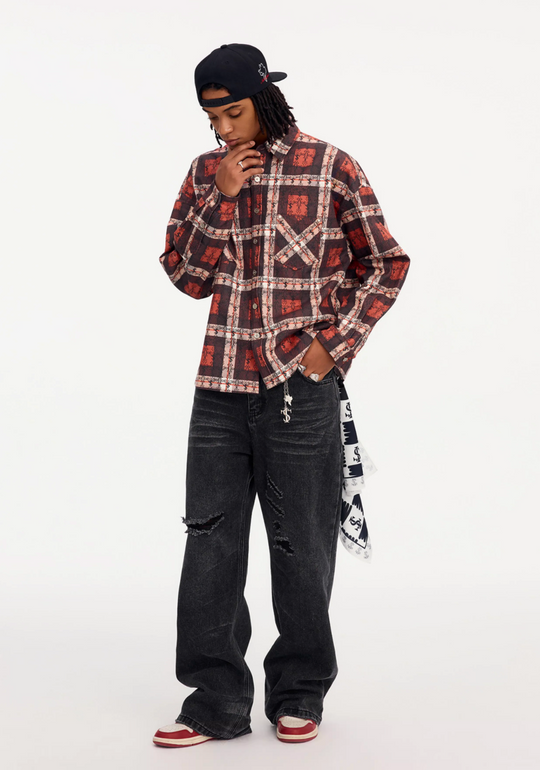 Small Town Kid Cross Logo Original Plaid Full-Print Long Sleeve Shirt | Face 3 Face