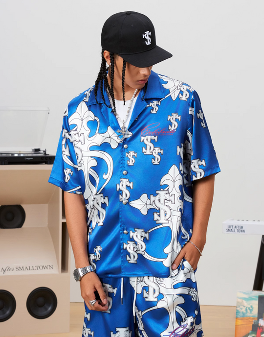 Small Town Kid Monogram Cross Logo Satin Cuban Shirt Set | Face 3 Face