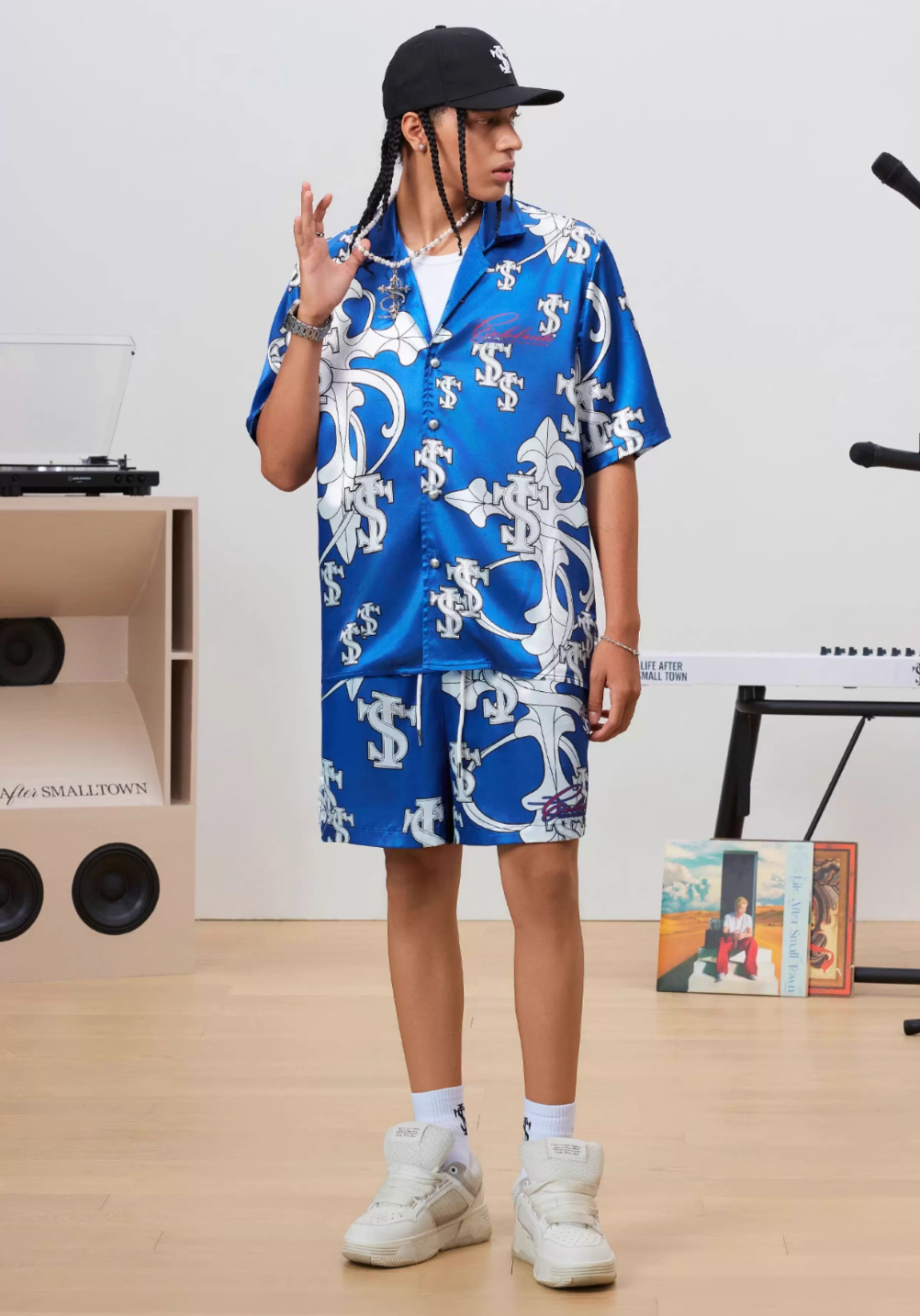 Small Town Kid Monogram Cross Logo Satin Cuban Shirt Set | Face 3 Face