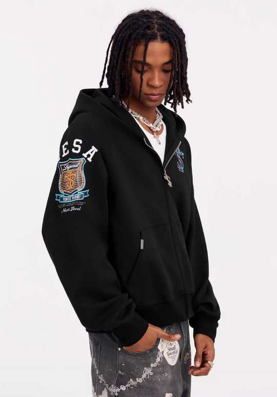 Small Town Kid Turquoise Studded Badge Embroidered Zip-Up Hoodie | Face 3 Face