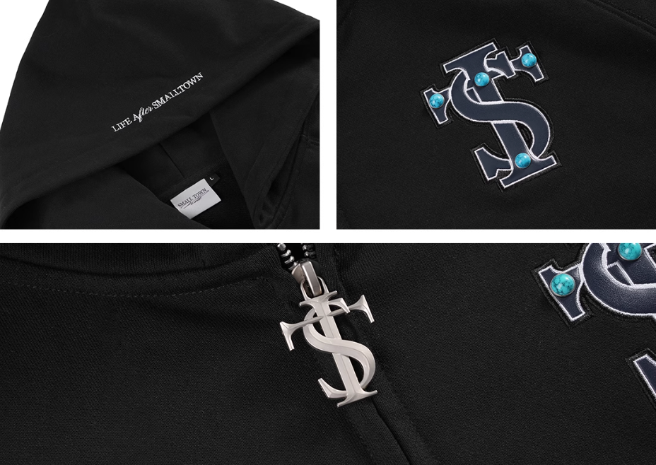 Small Town Kid Turquoise Studded Badge Embroidered Zip-Up Hoodie | Face 3 Face