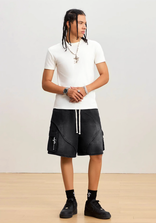 Small Town Kid Washed Denim Utility Cargo Shorts | Face 3 Face