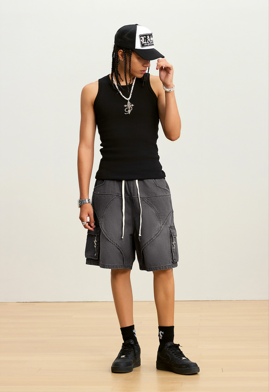 Small Town Kid Washed Denim Utility Cargo Shorts | Face 3 Face