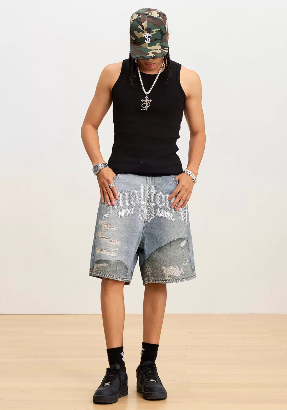 Small Town Kid Rhinestone Destroyed Print Denim Shorts | Face 3 Face