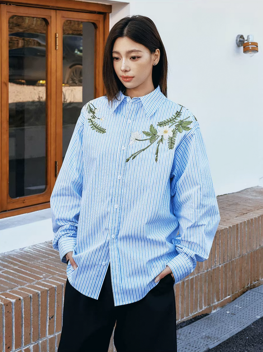 Harsh and Cruel Striped Floral Embroidered Long Sleeve Shirt | Face 3 Face