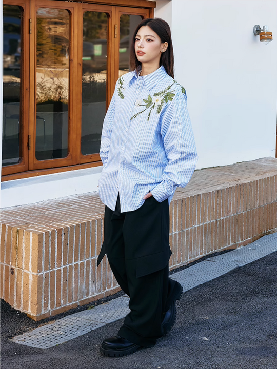 Harsh and Cruel Striped Floral Embroidered Long Sleeve Shirt | Face 3 Face