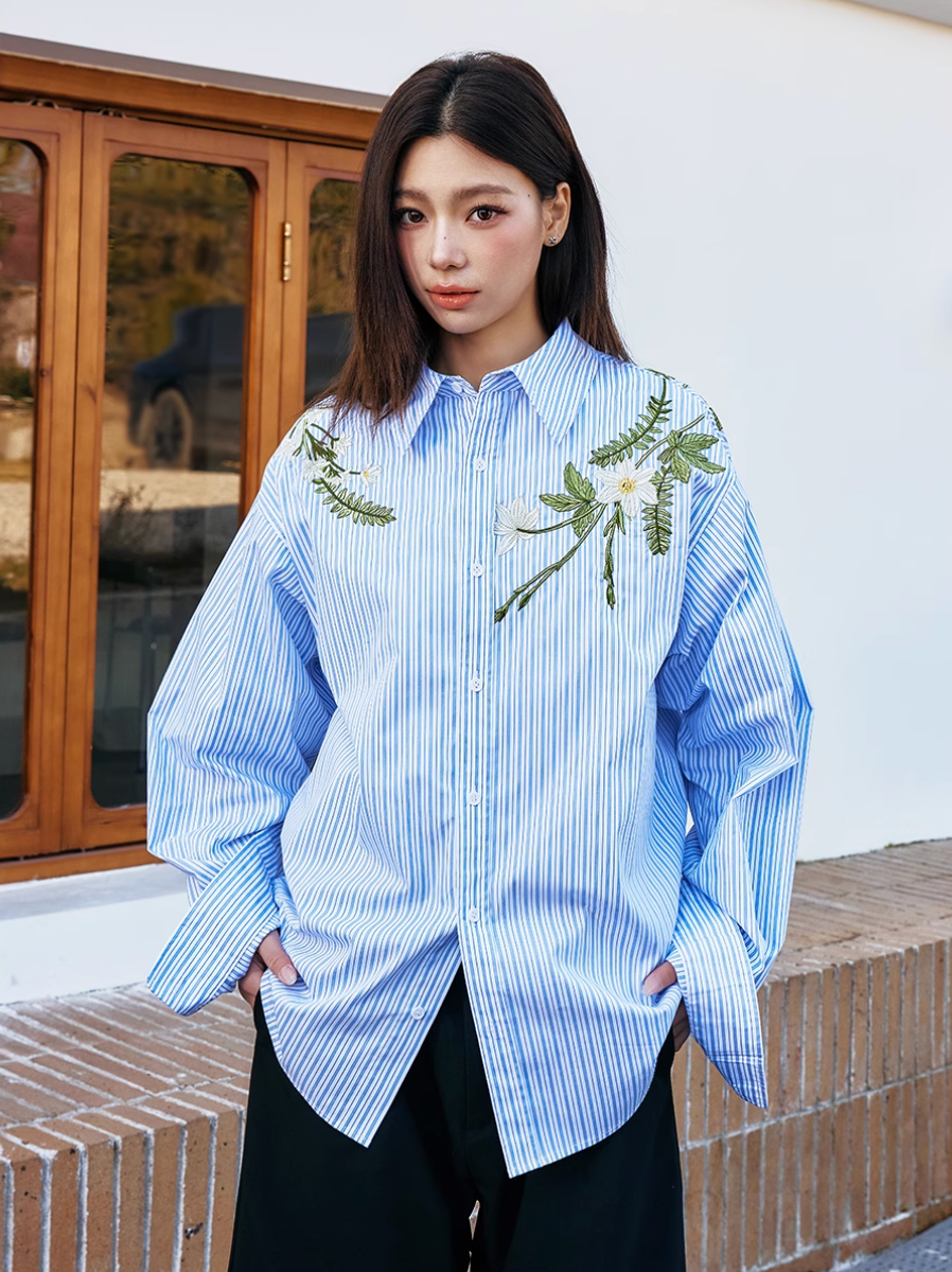 Harsh and Cruel Striped Floral Embroidered Long Sleeve Shirt | Face 3 Face