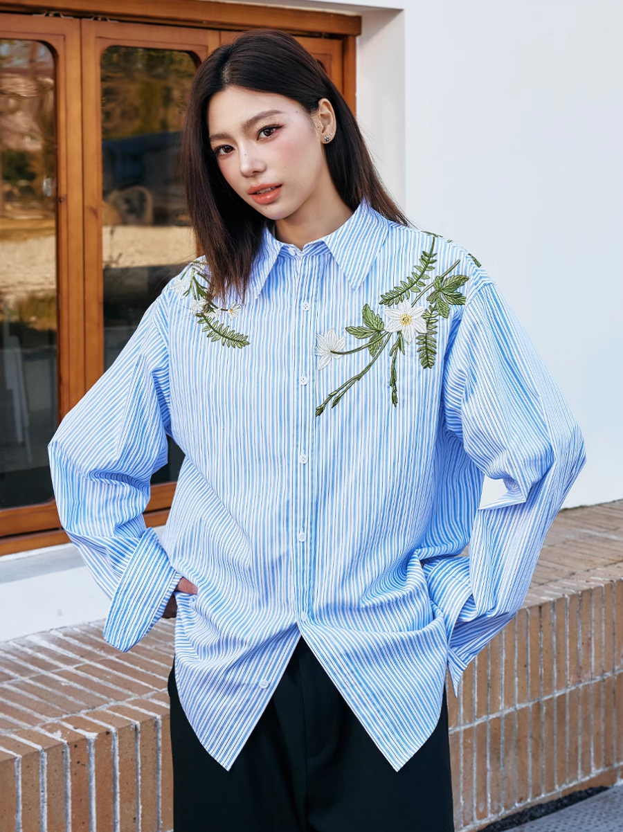 Harsh and Cruel Striped Floral Embroidered Long Sleeve Shirt | Face 3 Face