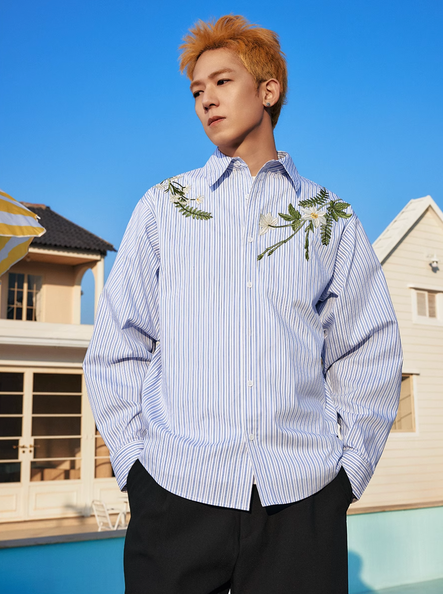 Harsh and Cruel Striped Floral Embroidered Long Sleeve Shirt | Face 3 Face