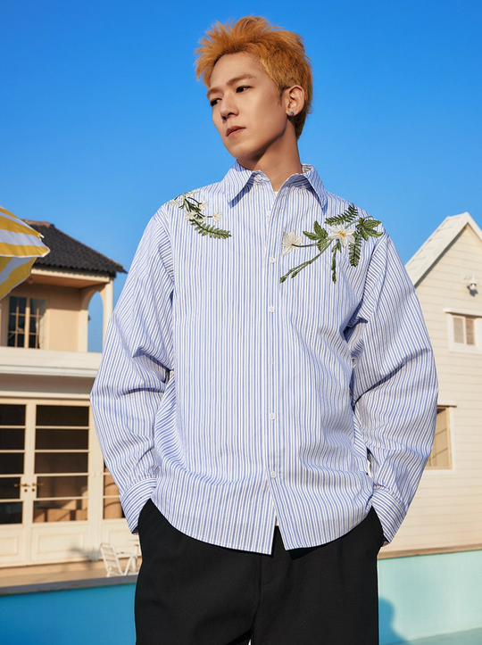 Harsh and Cruel Striped Floral Embroidered Long Sleeve Shirt | Face 3 Face