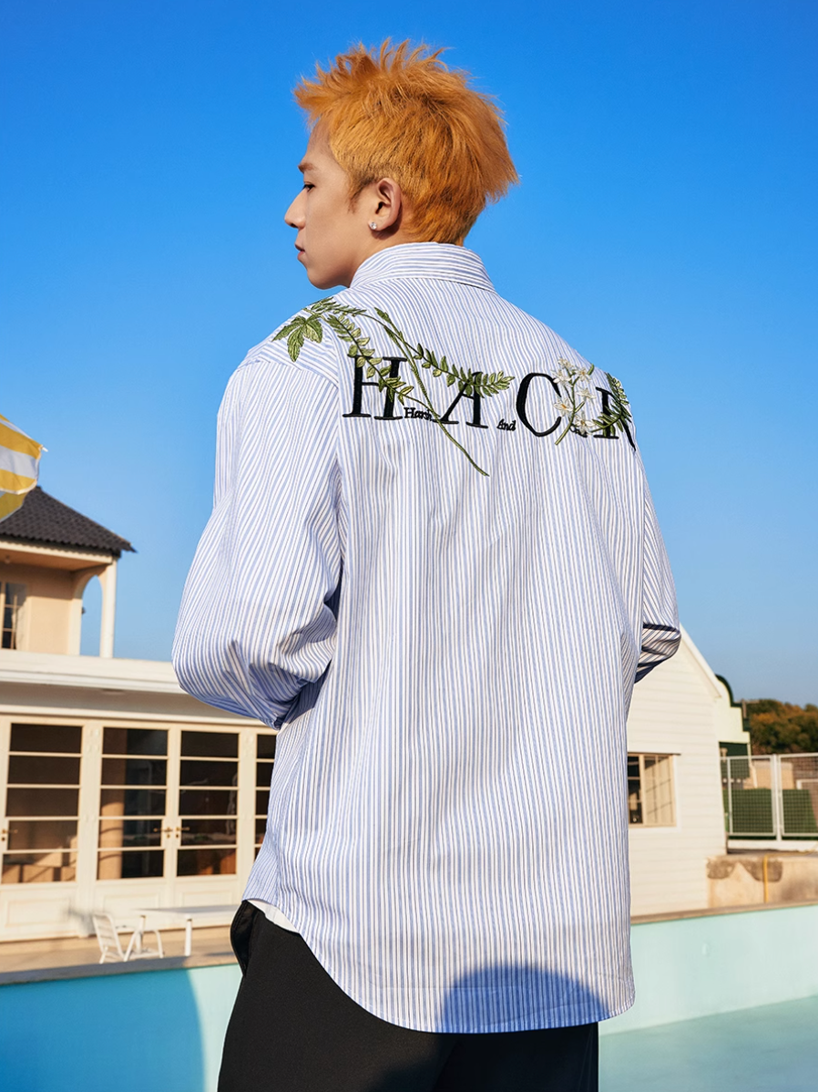 Harsh and Cruel Striped Floral Embroidered Long Sleeve Shirt | Face 3 Face