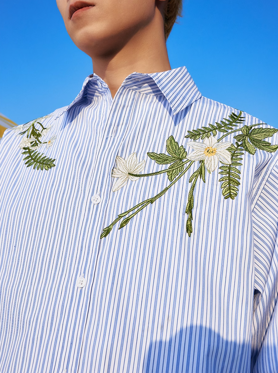Harsh and Cruel Striped Floral Embroidered Long Sleeve Shirt | Face 3 Face