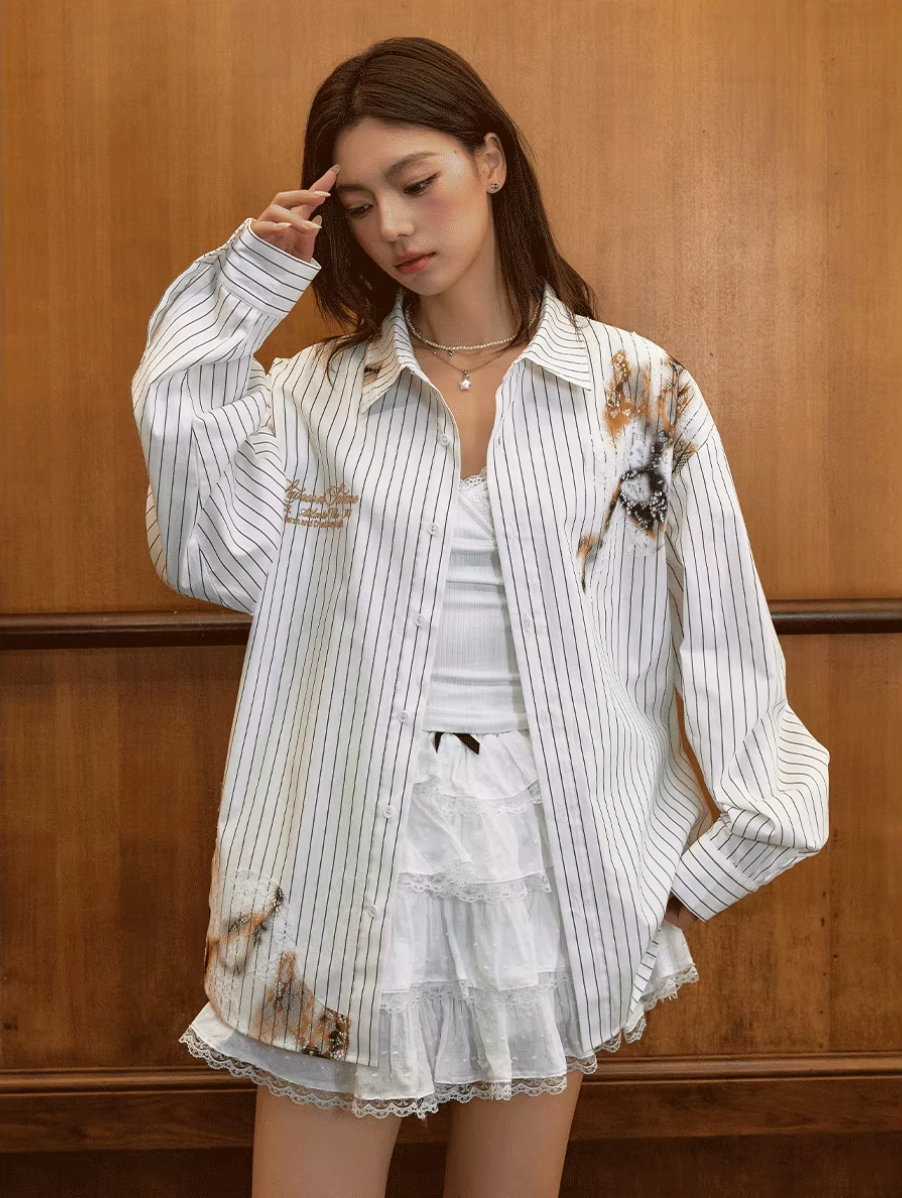 Harsh and Cruel Burnout Lace Embroidered Striped Long Sleeve Shirt | Face 3 Face