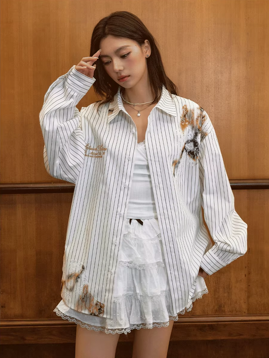 Harsh and Cruel Burnout Lace Embroidered Striped Long Sleeve Shirt | Face 3 Face