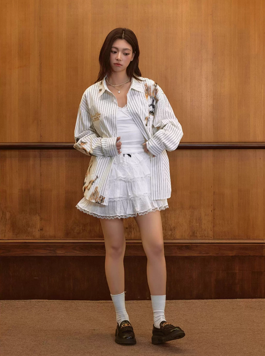 Harsh and Cruel Burnout Lace Embroidered Striped Long Sleeve Shirt | Face 3 Face