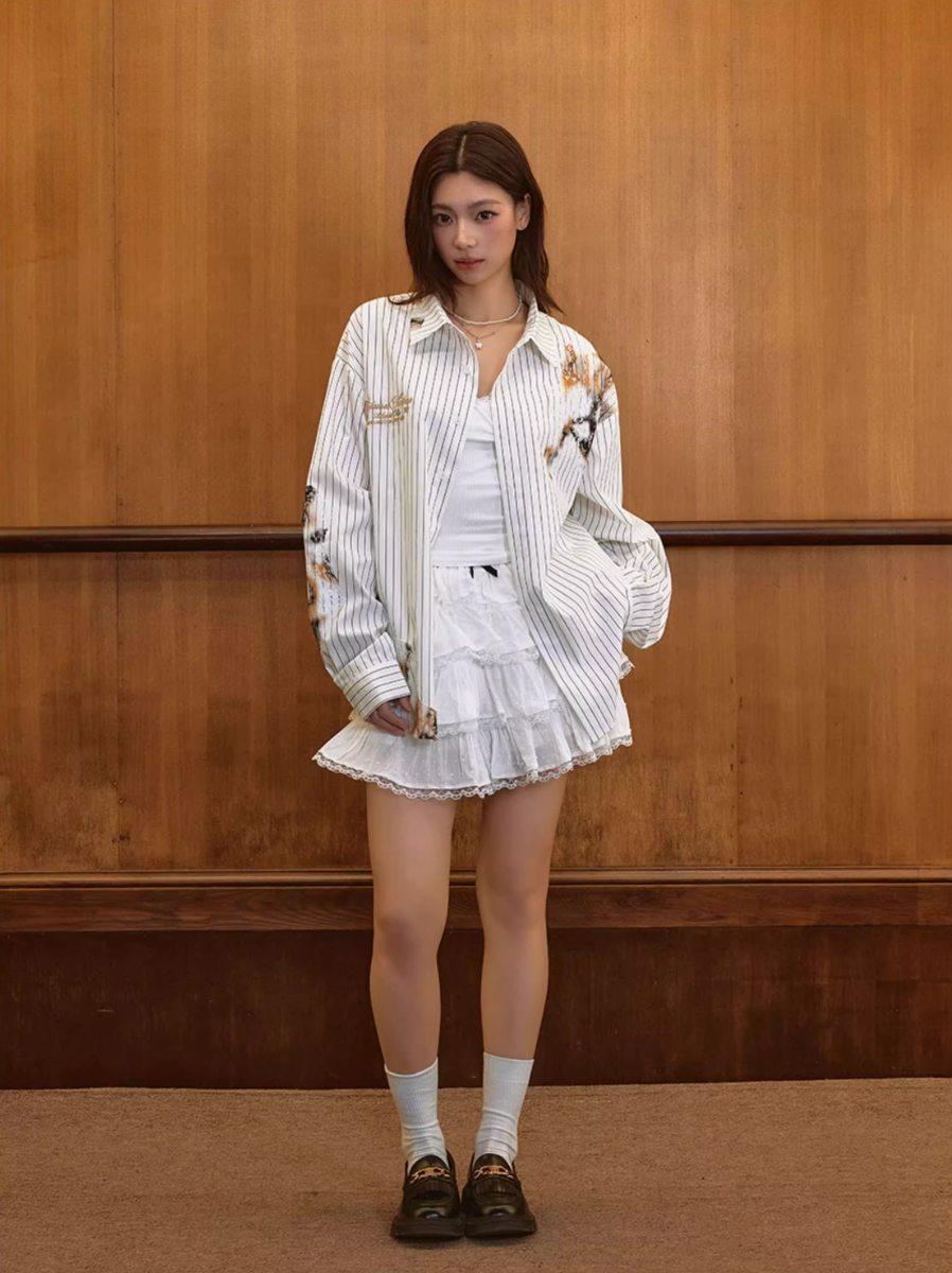 Harsh and Cruel Burnout Lace Embroidered Striped Long Sleeve Shirt | Face 3 Face