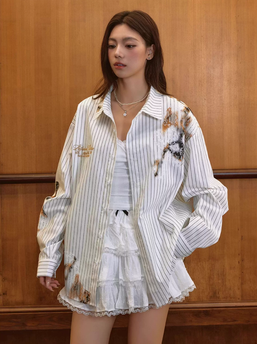 Harsh and Cruel Burnout Lace Embroidered Striped Long Sleeve Shirt | Face 3 Face