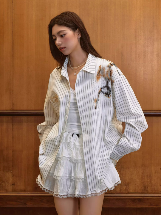 Harsh and Cruel Burnout Lace Embroidered Striped Long Sleeve Shirt | Face 3 Face