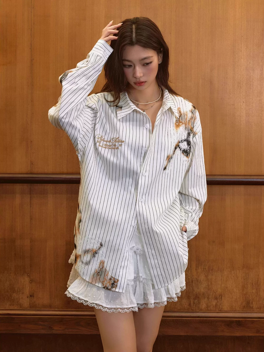 Harsh and Cruel Burnout Lace Embroidered Striped Long Sleeve Shirt | Face 3 Face