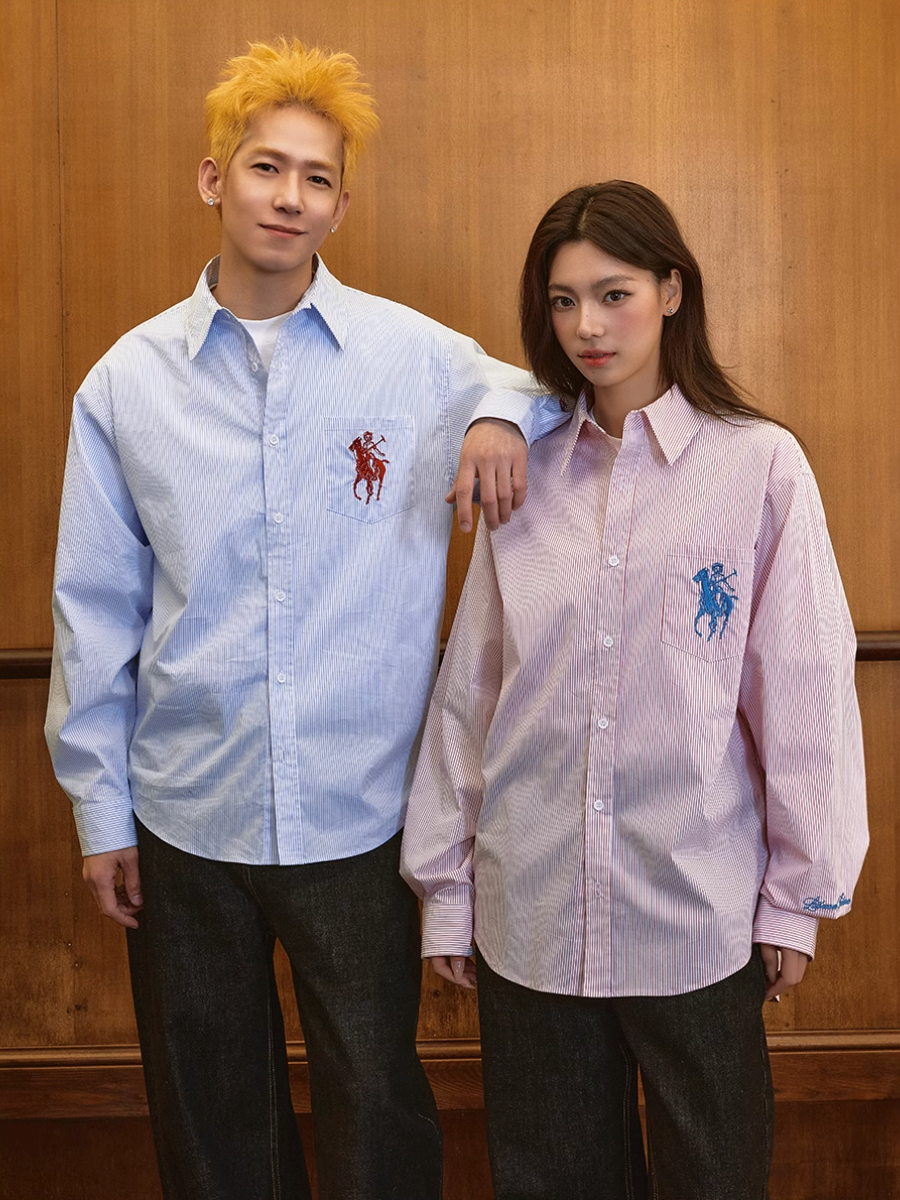 Harsh and Cruel Vintage Embroidered Striped Loose Long Sleeve Shirt | Face 3 Face