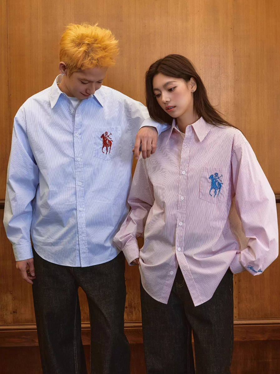 Harsh and Cruel Vintage Embroidered Striped Loose Long Sleeve Shirt | Face 3 Face