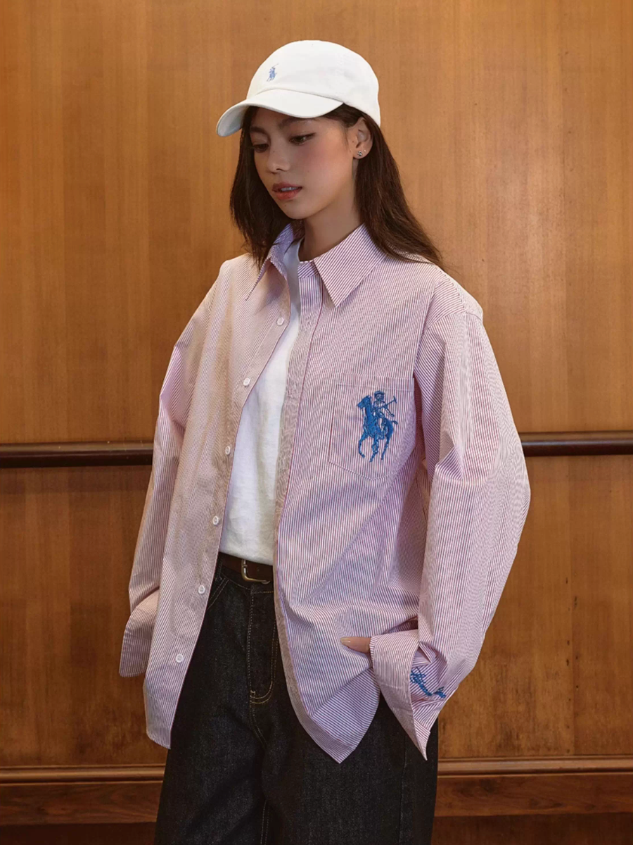 Harsh and Cruel Vintage Embroidered Striped Loose Long Sleeve Shirt | Face 3 Face