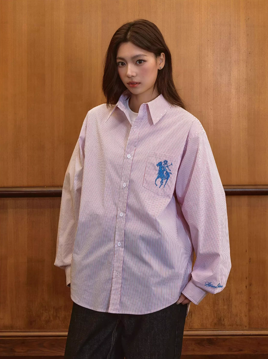 Harsh and Cruel Vintage Embroidered Striped Loose Long Sleeve Shirt | Face 3 Face