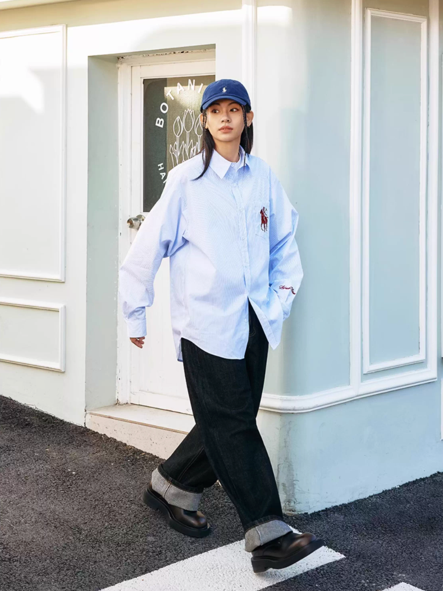 Harsh and Cruel Vintage Embroidered Striped Loose Long Sleeve Shirt | Face 3 Face