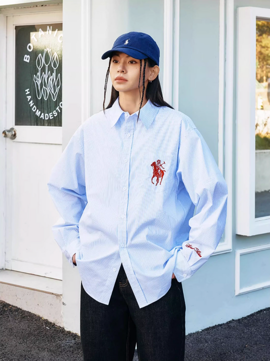 Harsh and Cruel Vintage Embroidered Striped Loose Long Sleeve Shirt | Face 3 Face