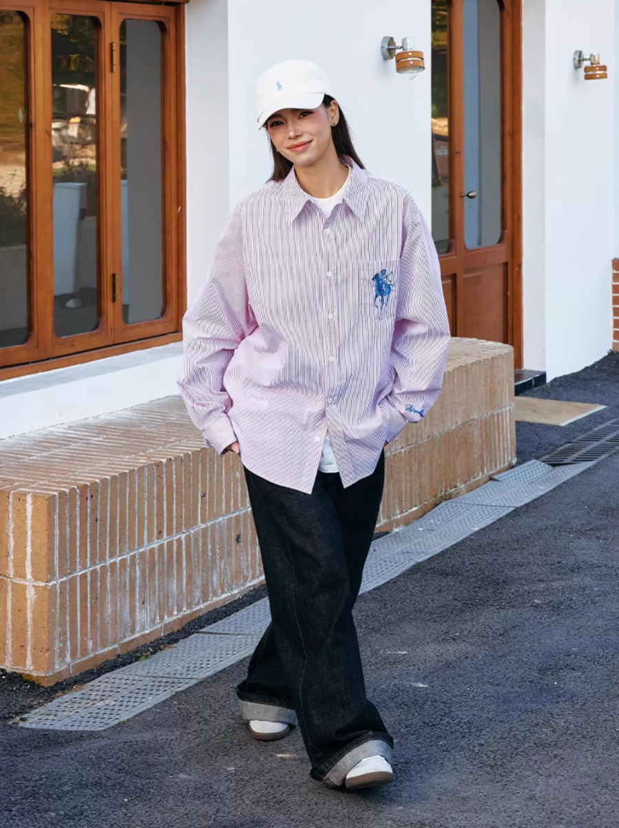 Harsh and Cruel Vintage Embroidered Striped Loose Long Sleeve Shirt | Face 3 Face