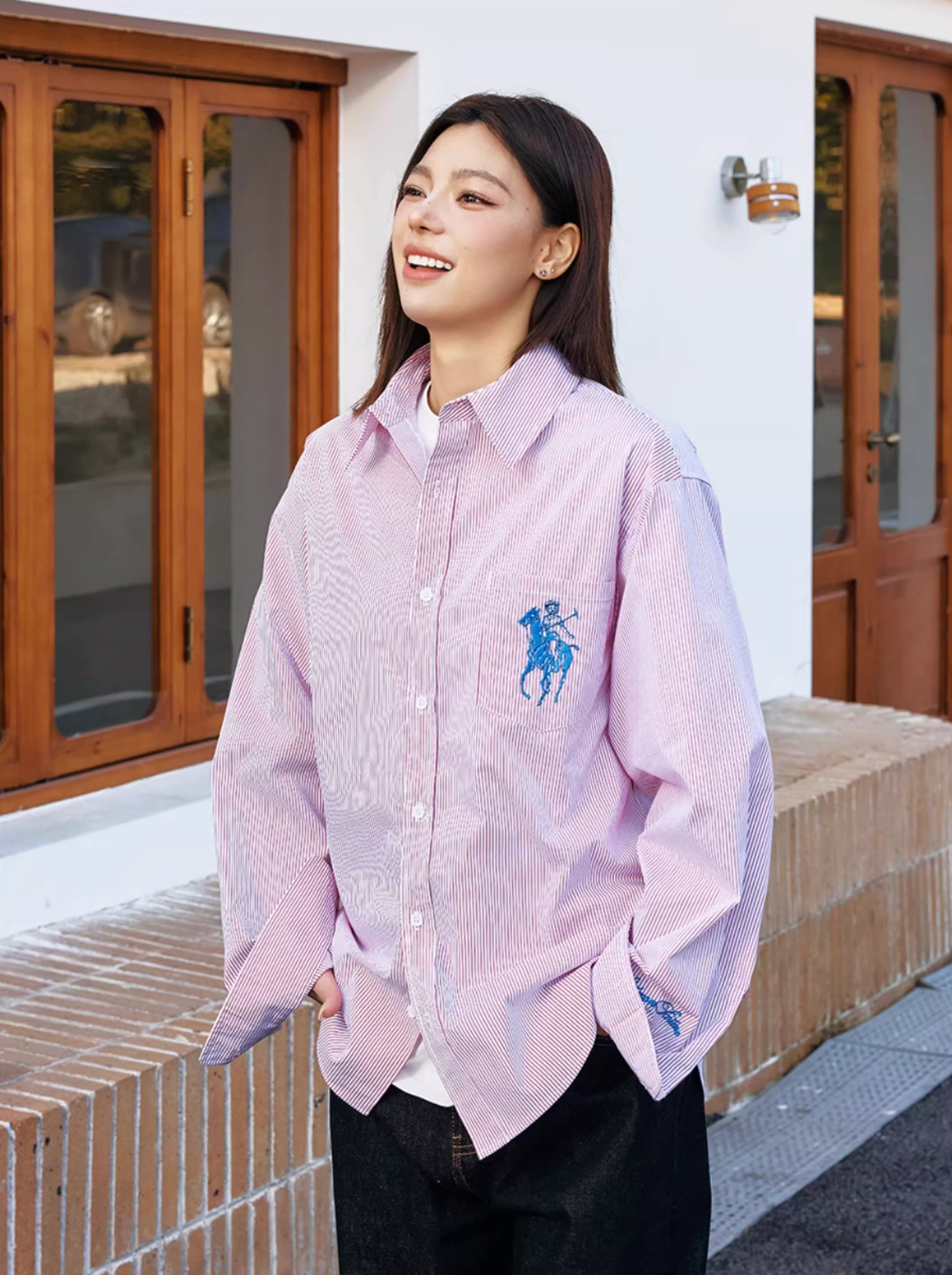 Harsh and Cruel Vintage Embroidered Striped Loose Long Sleeve Shirt | Face 3 Face