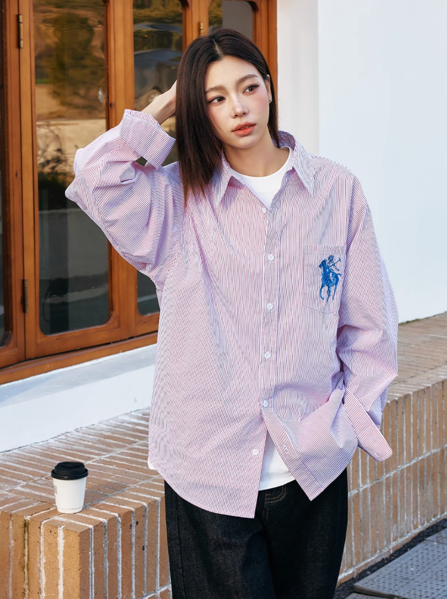 Harsh and Cruel Vintage Embroidered Striped Loose Long Sleeve Shirt | Face 3 Face