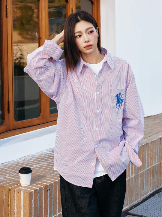 Harsh and Cruel Vintage Embroidered Striped Loose Long Sleeve Shirt | Face 3 Face