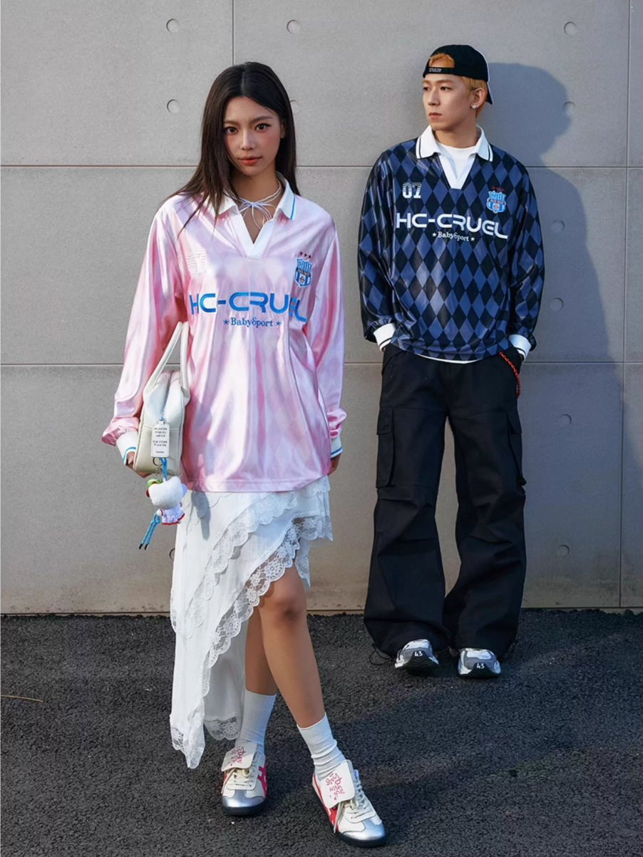 Harsh and Cruel Badge Embroidered Plaid Long Sleeve Polo Jersey | Face 3 Face