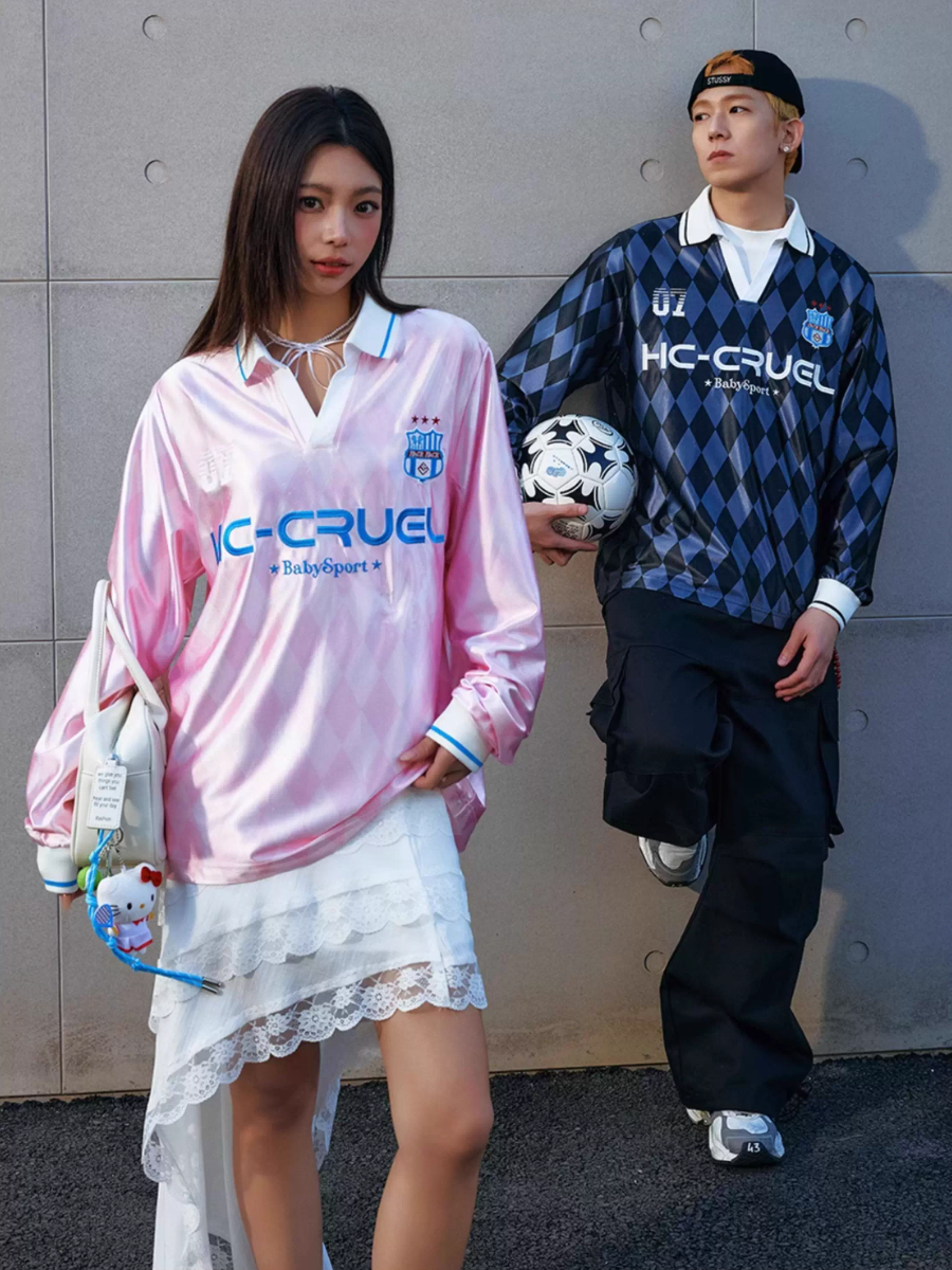 Harsh and Cruel Badge Embroidered Plaid Long Sleeve Polo Jersey | Face 3 Face