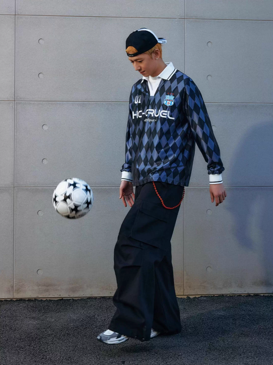 Harsh and Cruel Badge Embroidered Plaid Long Sleeve Polo Jersey | Face 3 Face