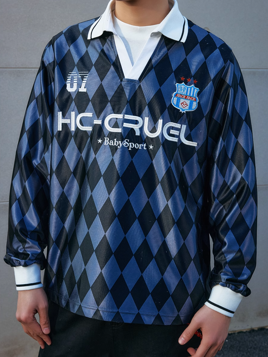 Harsh and Cruel Badge Embroidered Plaid Long Sleeve Polo Jersey | Face 3 Face