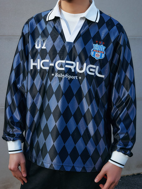 Harsh and Cruel Badge Embroidered Plaid Long Sleeve Polo Jersey | Face 3 Face