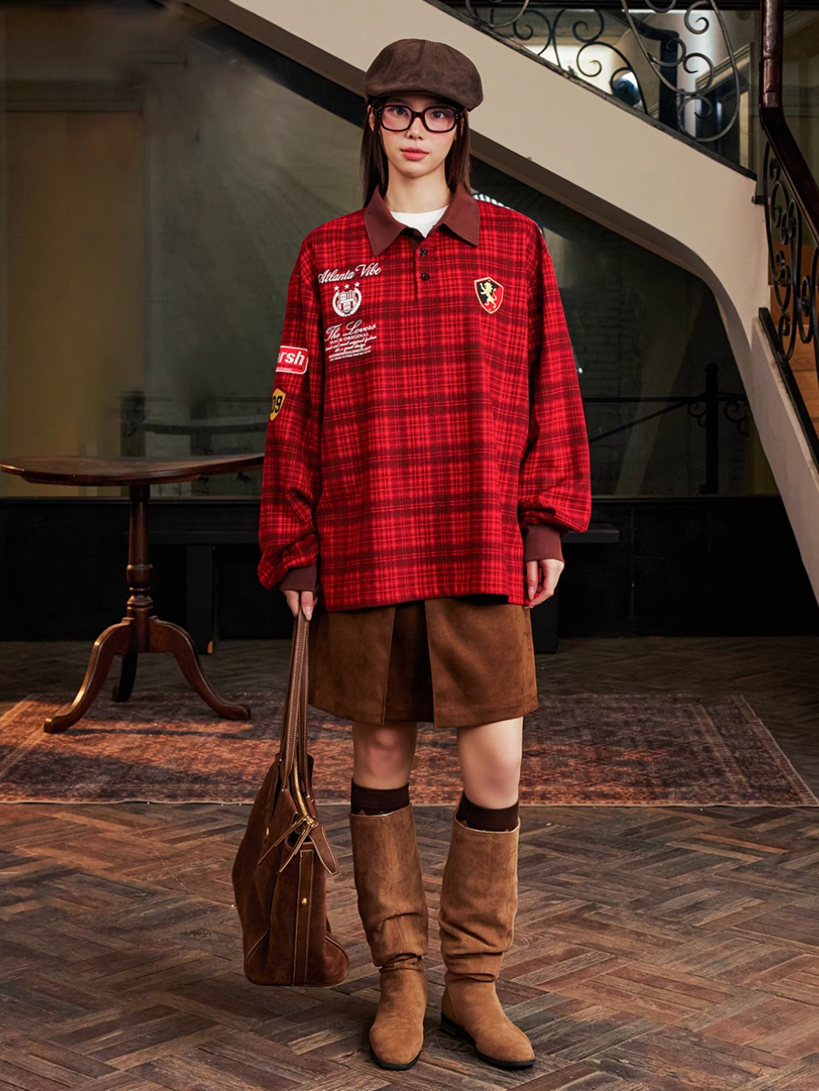 Harsh and Cruel Brushed Tartan Badge Embroidered Long Sleeve Polo | Face 3 Face