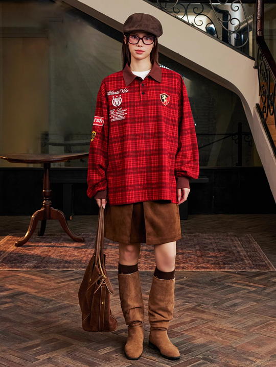 Harsh and Cruel Brushed Tartan Badge Embroidered Long Sleeve Polo | Face 3 Face