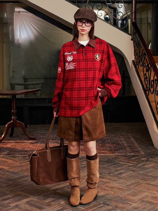 Harsh and Cruel Brushed Tartan Badge Embroidered Long Sleeve Polo | Face 3 Face