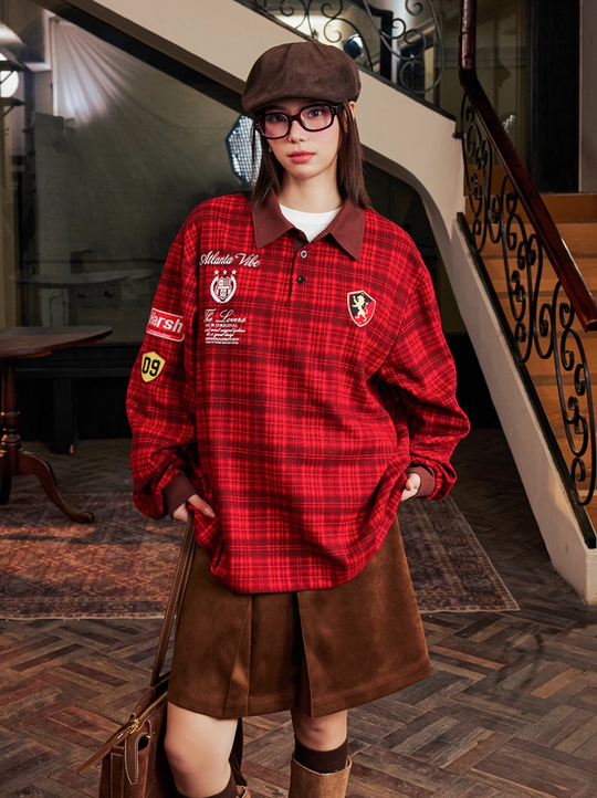 Harsh and Cruel Brushed Tartan Badge Embroidered Long Sleeve Polo | Face 3 Face