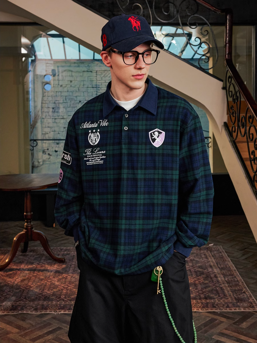 Harsh and Cruel Brushed Tartan Badge Embroidered Long Sleeve Polo | Face 3 Face