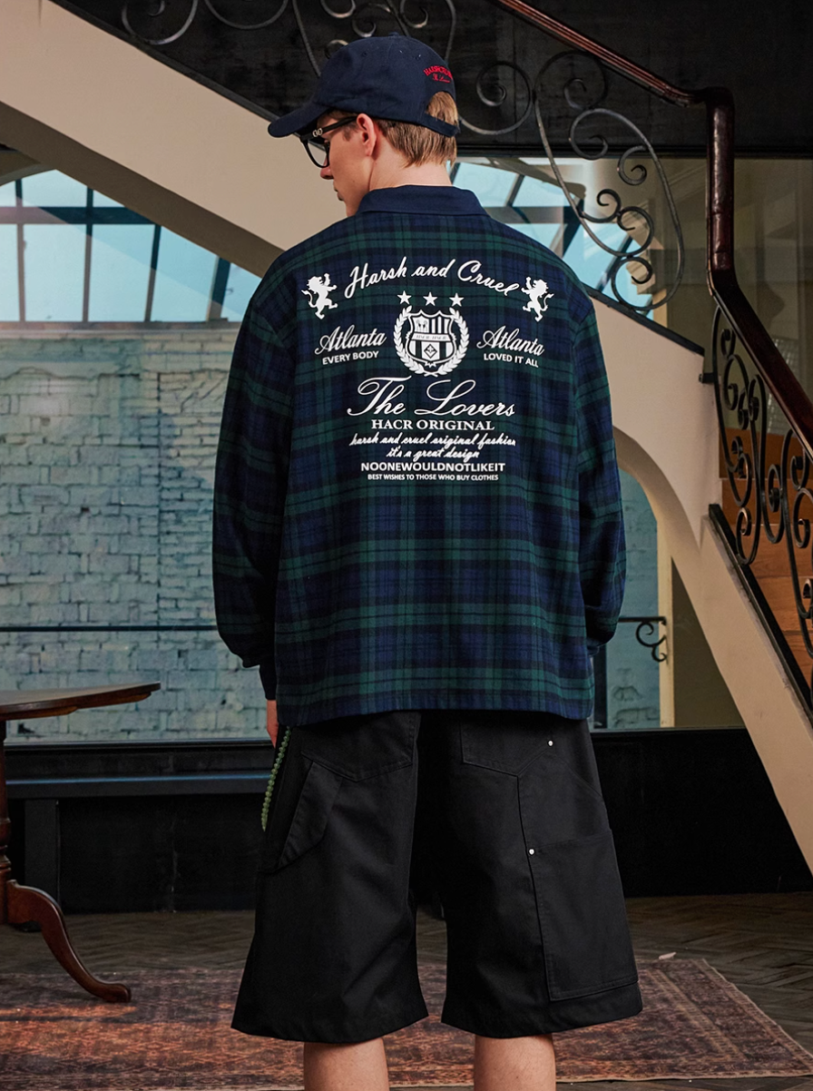 Harsh and Cruel Brushed Tartan Badge Embroidered Long Sleeve Polo | Face 3 Face