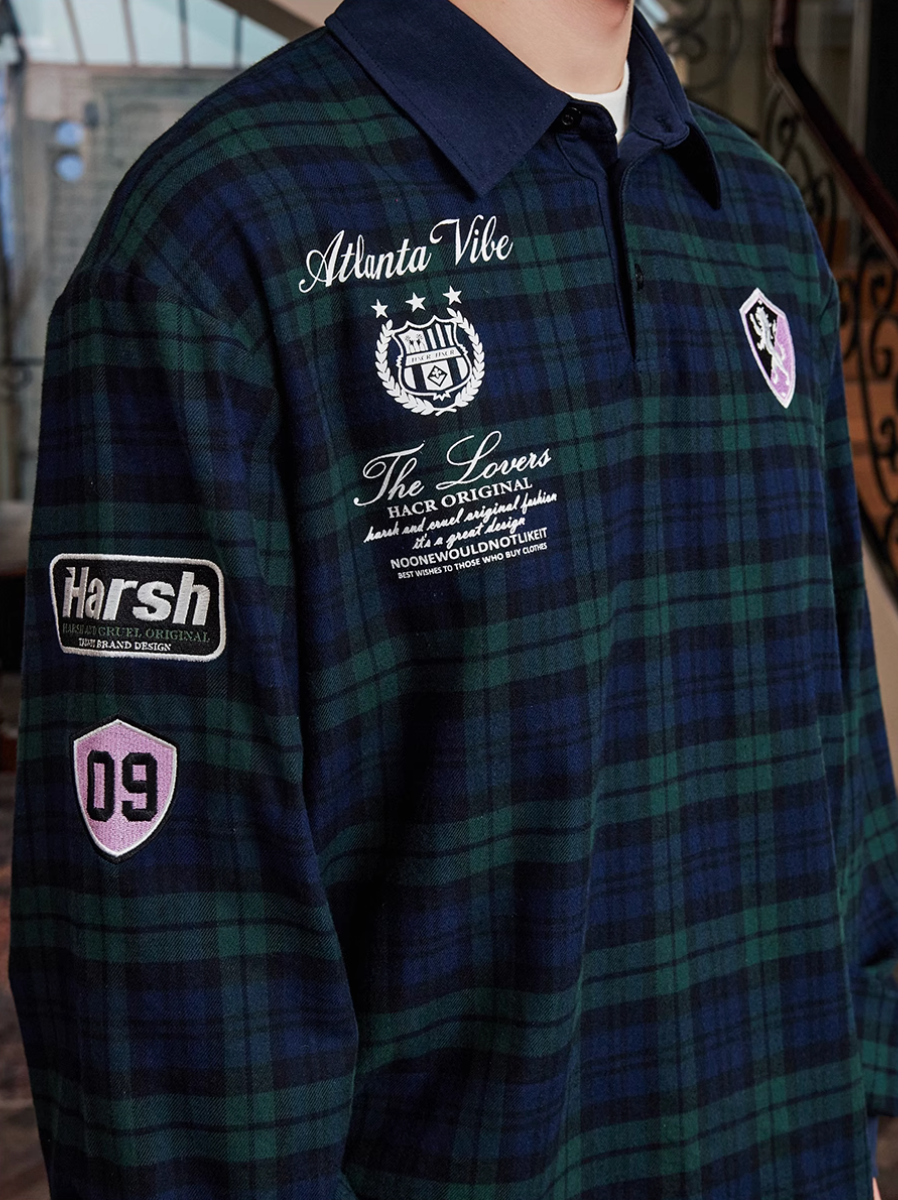 Harsh and Cruel Brushed Tartan Badge Embroidered Long Sleeve Polo | Face 3 Face